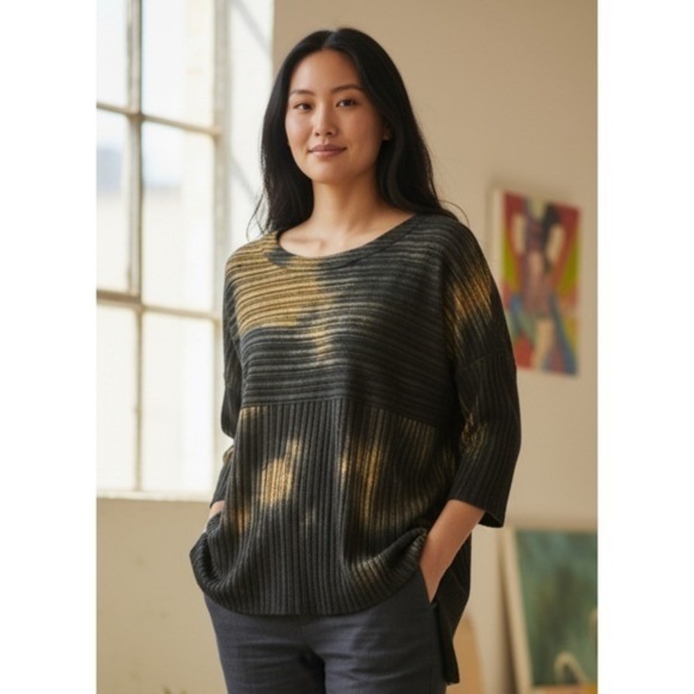 Alberto Makali Black Gold Tie‎ Dye Pleated Tunic Top Oversized Blouse Large